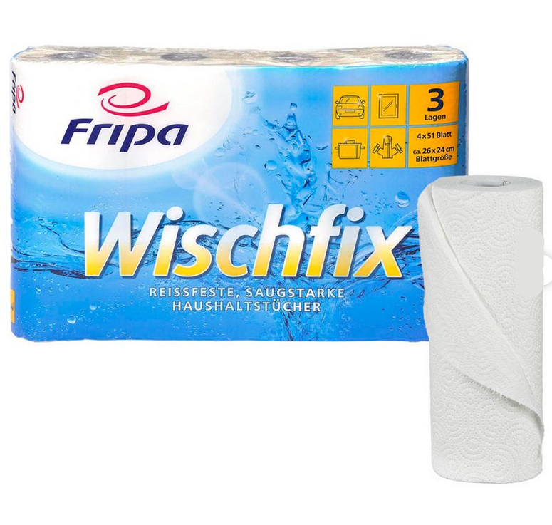 Fripa Wischfix Küchenrolle, 3-lagig, 100% Zellstoff mit Saugprägung, 26 x 24 cm, 4er