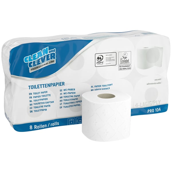 Clean&Clever Toilettenpapier Zellstoff, hochweiß 4lg, 9x8Rll à150Bl
