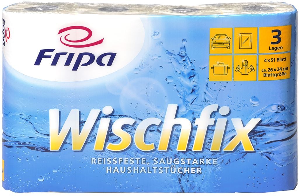 Fripa Wischfix Küchenrolle, 3-lagig, 100% Zellstoff mit Saugprägung, 26 x 24 cm, 4er