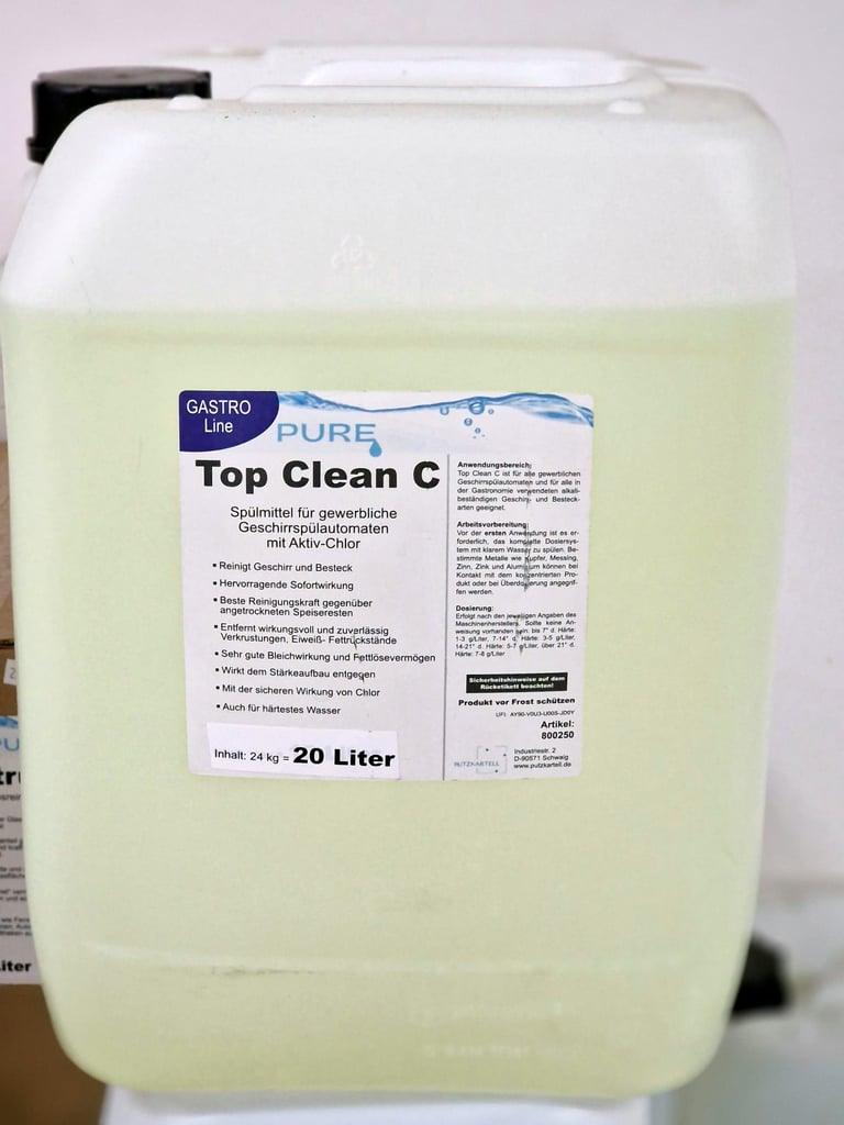 PURE Top Clean C, Aktivchlorhaltiger Geschirrreiniger, 20l UN1719 Ätzender alkalischer flüssiger Stoff, Reinigungsmittel enthält Natriumhydroxid 8,II,(e)